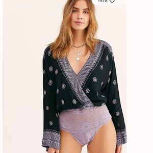 Free People Black Purple On Board Bodysuit Top, Size M